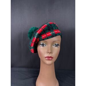 Vintage Betmar Plaid Knit Beret Pom Pom Green Red White & Black Cap Hat
